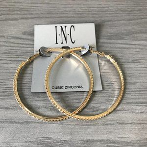 INC International Concepts Gold-Tone Large Pavé Slim Hoop Earrings, 2.36” NWT